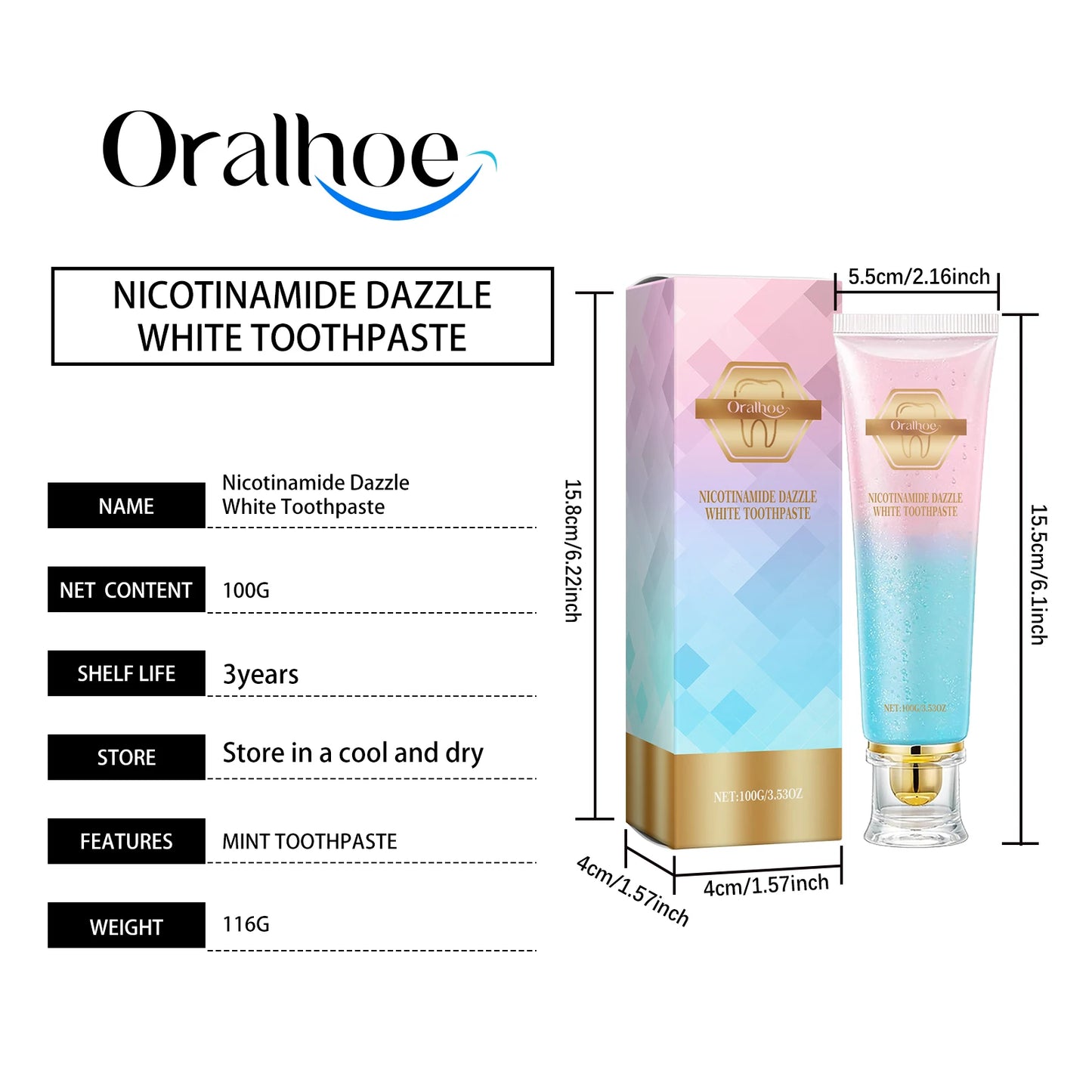 Achieve a radiant smile with Oralhoe 100 Niacinamide Whitening Toothpaste high-concentration formula brightens teeth, cleans deeply, freshens breath, and bleaches stains effectively. This adult toothpaste delivers professional-level.