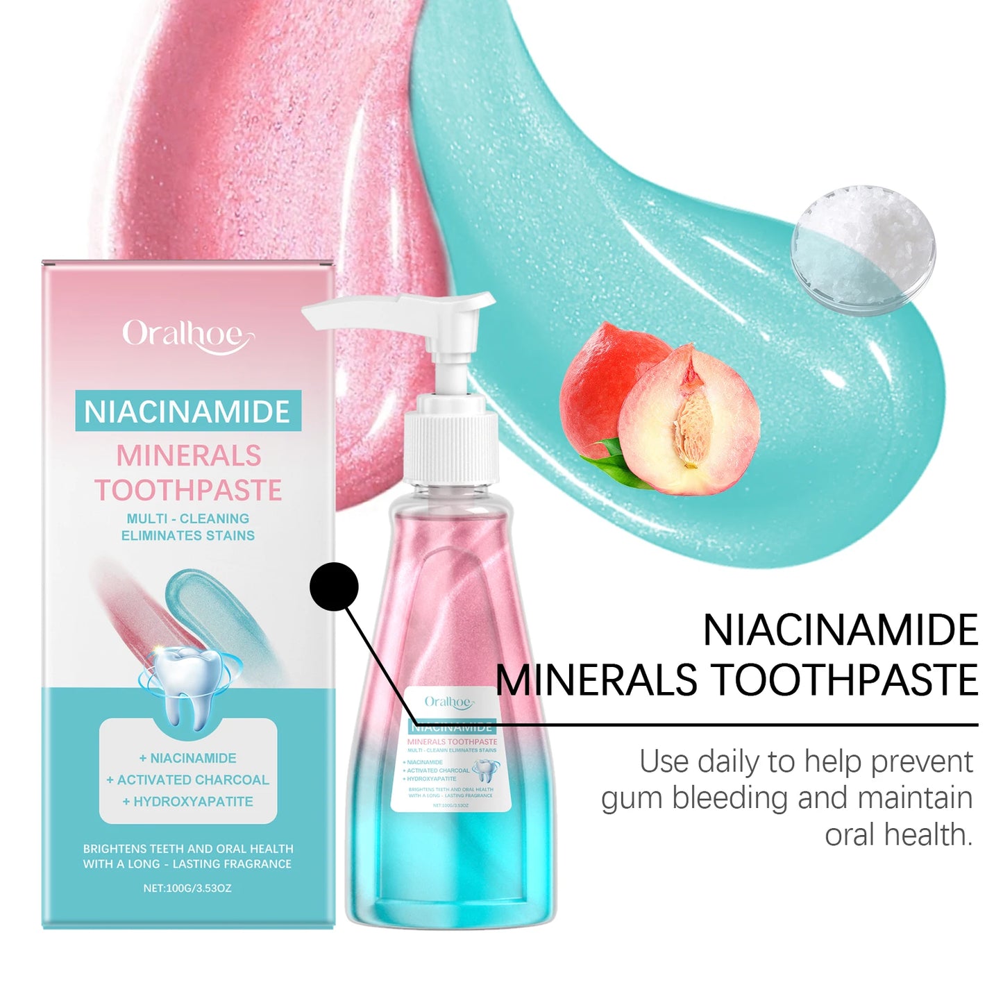 Achieve a radiant smile with Oralhoe 100 Niacinamide Whitening Toothpaste high-concentration formula brightens teeth, cleans deeply, freshens breath, and bleaches stains effectively. This adult toothpaste delivers professional-level.