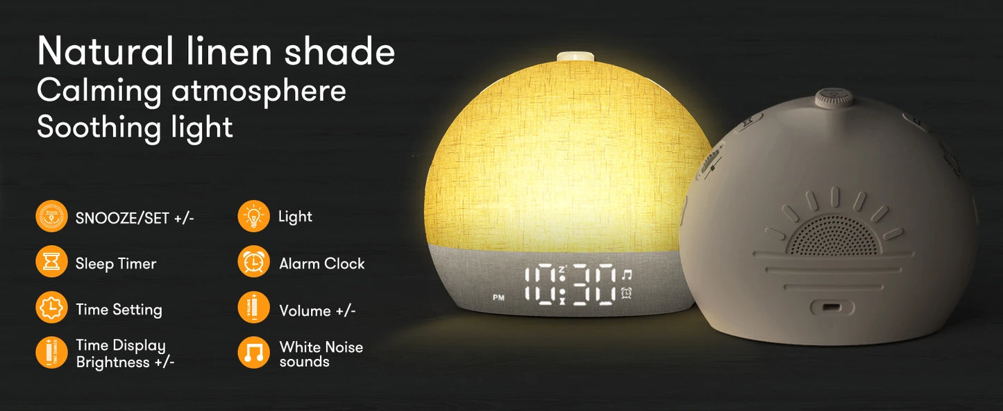 Awaken naturally with this Sunrise Wake Up Light Alarm Clock. Featuring 30 white noise sounds, RGB night lights, and snooze for serene sleep aid and refreshed mornings.