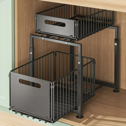 Transform clutter into culinary elegance with this premium Kitchen Sink Storage Rack. Double-layer pull-out basket design masterfully organizes spices, cans, bottles, and more.