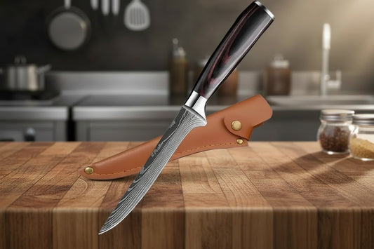Master precision with this Damascus Laser Pattern Boning Knife. 14.2cm stainless steel blade glides through meat, fish bones, fruits, and vegetables with chef-grade finesse.