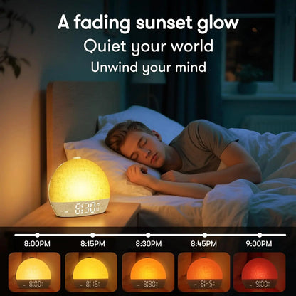 Awaken naturally with this Sunrise Wake Up Light Alarm Clock. Featuring 30 white noise sounds, RGB night lights, and snooze for serene sleep aid and refreshed mornings.