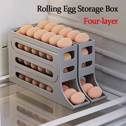 Revolutionize fridge elegance with this 4-Layer Automatic Rolling Egg Storage Box. Gravity-fed dispenser holds 30 eggs, dispensing freshest first for effortless kitchen opulence.