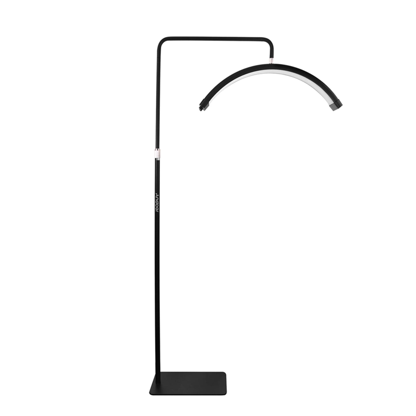 Achieve flawless lighting with the 20W Floor LED Video Light – half-moon shaped, bi-color 3000K-6000K dimmable fill light with adjustable metal holder for beauty and vlogs.