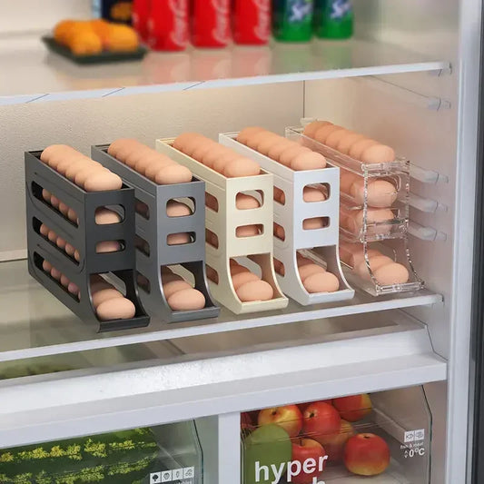 Revolutionize fridge elegance with this 4-Layer Automatic Rolling Egg Storage Box. Gravity-fed dispenser holds 30 eggs, dispensing freshest first for effortless kitchen opulence.