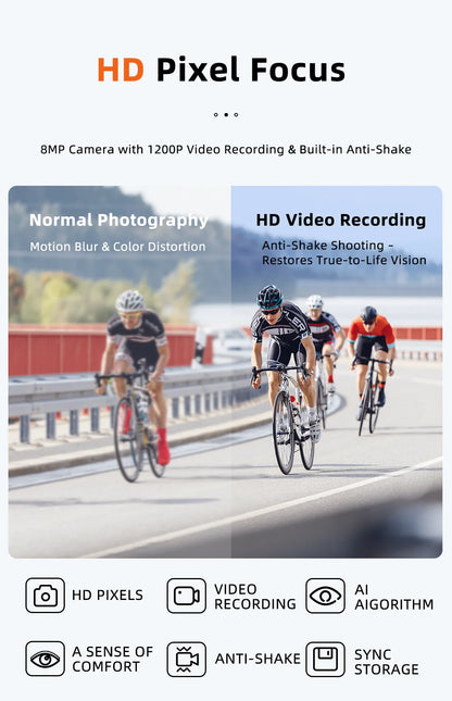 Gear up for the ultimate ride with New AI Intelligent Glasses – 800W cycling goggles featuring HD anti-shake camera, video recording, and UV protection.