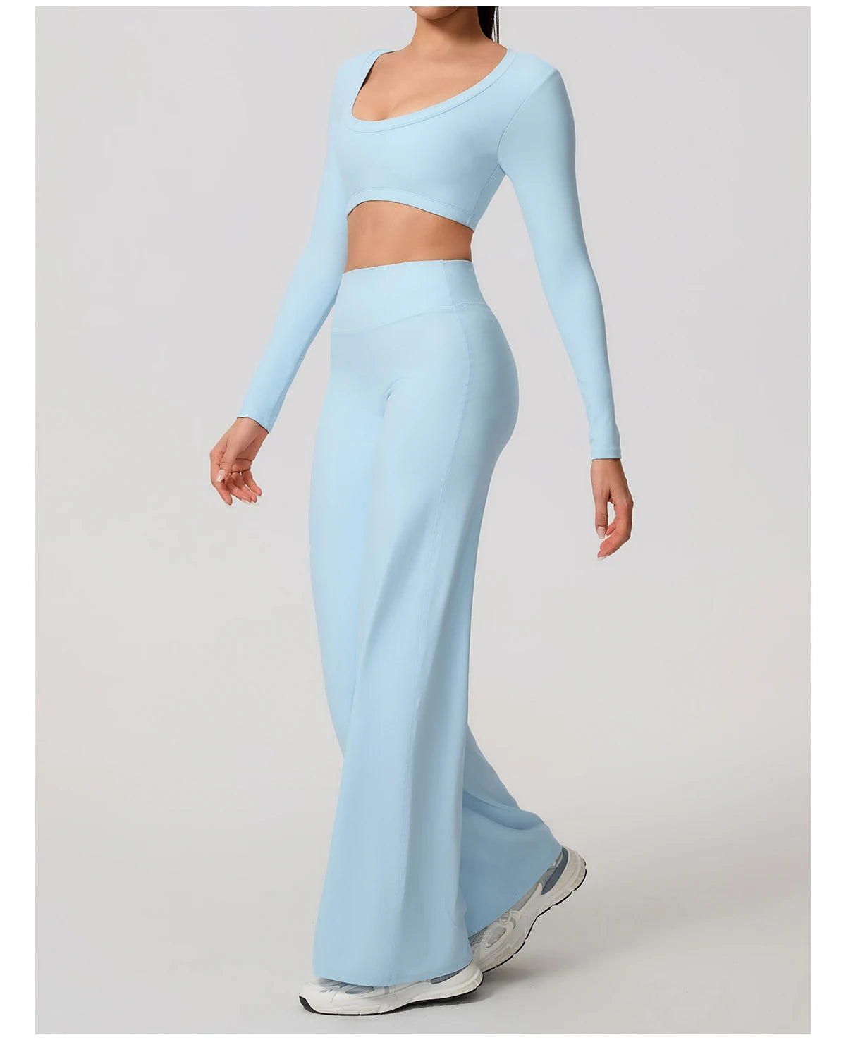 Elevate your workout style with the Hearursavy Sports Set 2 Pcs featuring a women's long sleeve backless top and straight leg wide leg pants, perfect for fitted fitness, yoga, or pilates.