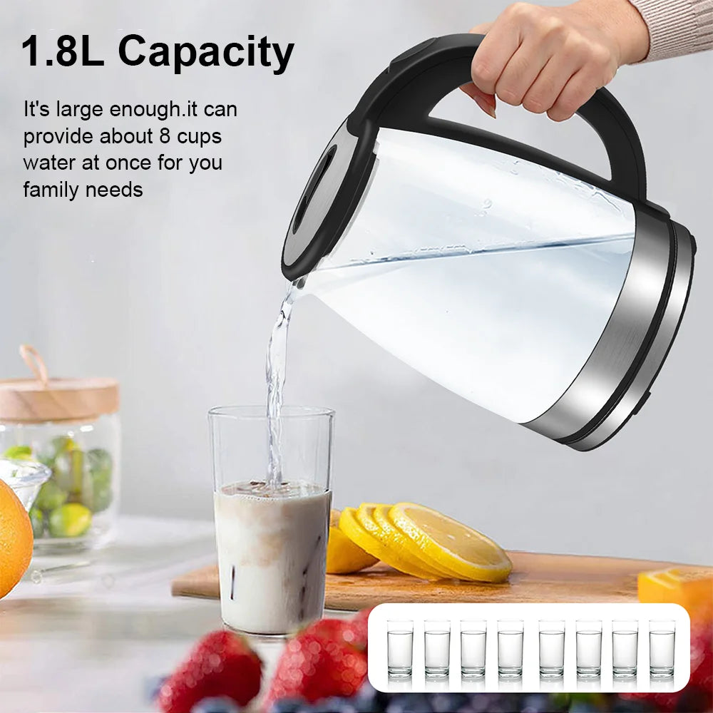Brew perfection fast with this 220V 1.8L Electric Glass Kettle your home kitchen's 1500-1800W water boiler with dry boil protection. Borosilicate glass offers crystal-clear visibility and rapid boiling for tea, coffee, or instant meals.