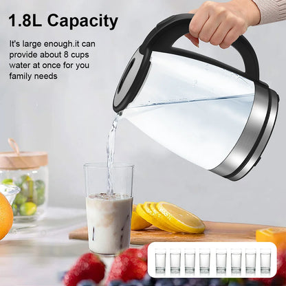 Brew perfection fast with this 220V 1.8L Electric Glass Kettle your home kitchen's 1500-1800W water boiler with dry boil protection. Borosilicate glass offers crystal-clear visibility and rapid boiling for tea, coffee, or instant meals.