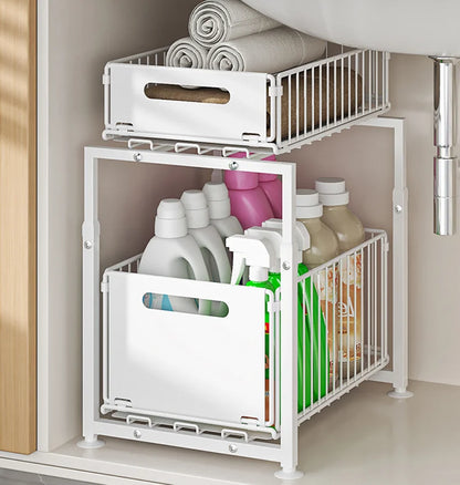 Transform clutter into culinary elegance with this premium Kitchen Sink Storage Rack. Double-layer pull-out basket design masterfully organizes spices, cans, bottles, and more.