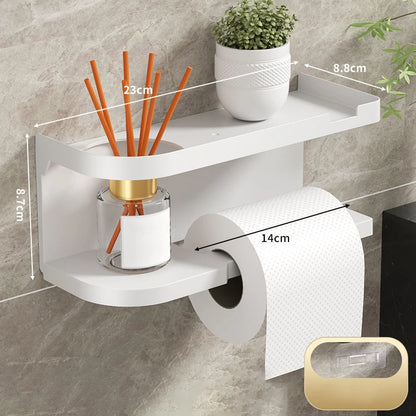 Elevate bathroom refinement with this No-Drill Toilet Paper Holder and Shelf. Wall-mounted organizer discreetly dispenses rolls while showcasing plants, toiletries, or accents.