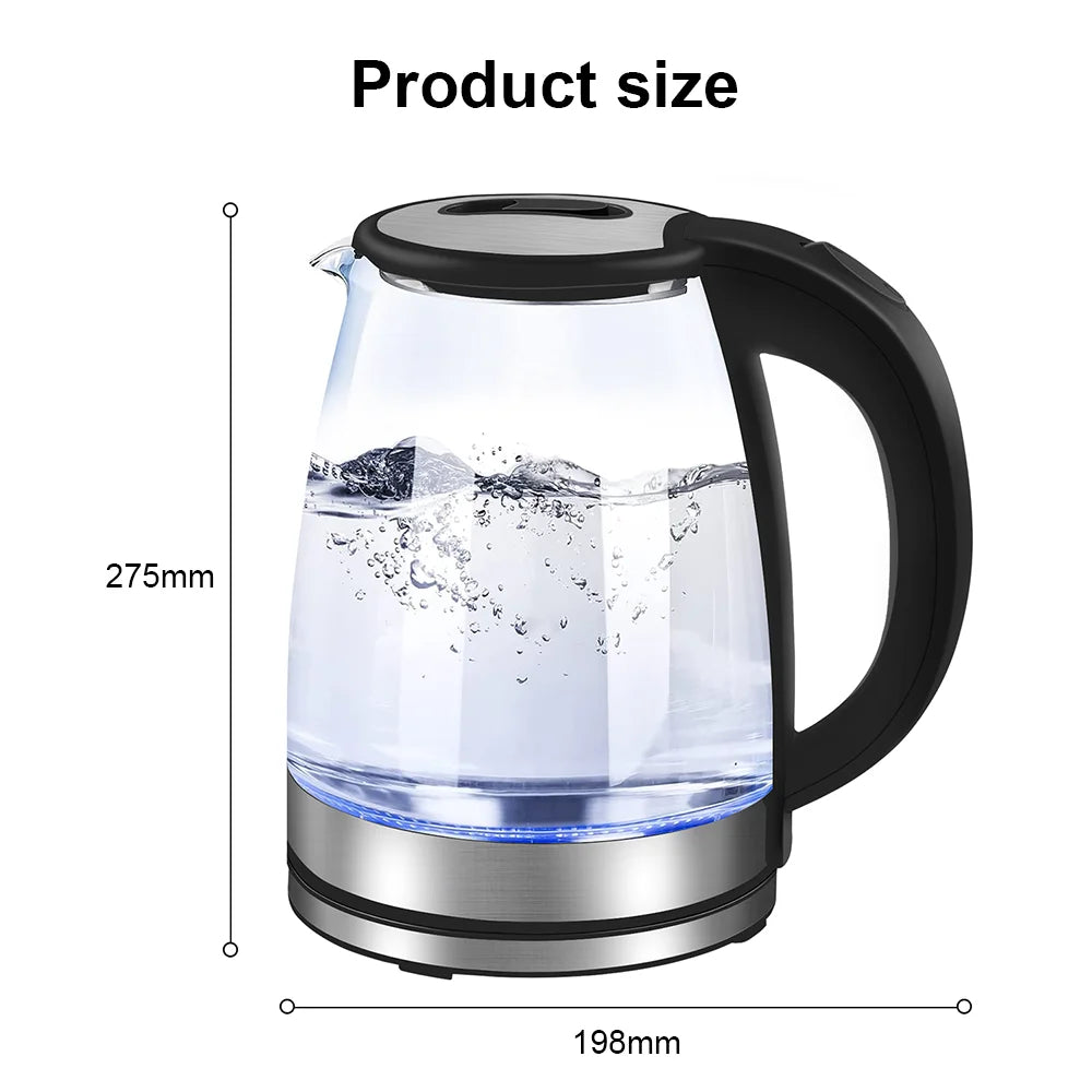 Brew perfection fast with this 220V 1.8L Electric Glass Kettle your home kitchen's 1500-1800W water boiler with dry boil protection. Borosilicate glass offers crystal-clear visibility and rapid boiling for tea, coffee, or instant meals.