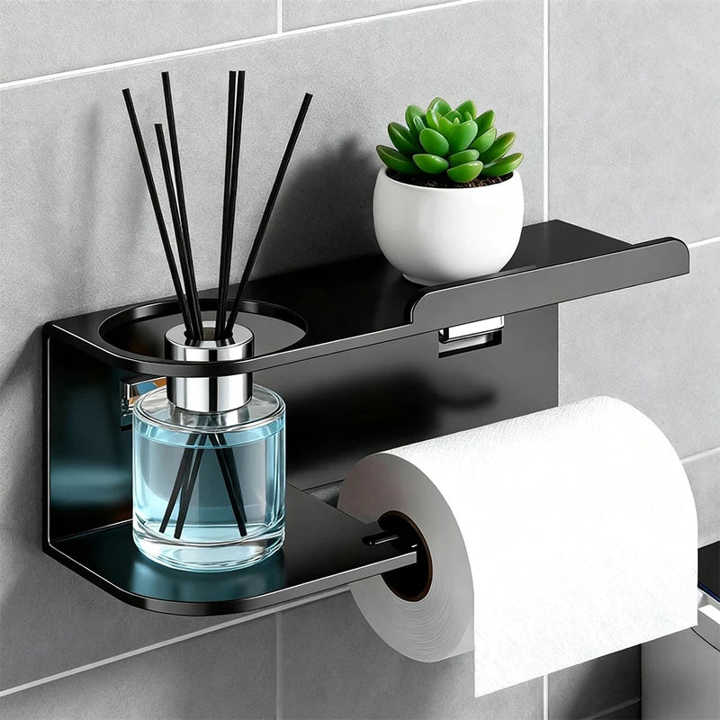 Elevate bathroom refinement with this No-Drill Toilet Paper Holder and Shelf. Wall-mounted organizer discreetly dispenses rolls while showcasing plants, toiletries, or accents.