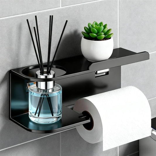 Elevate bathroom refinement with this No-Drill Toilet Paper Holder and Shelf. Wall-mounted organizer discreetly dispenses rolls while showcasing plants, toiletries, or accents.