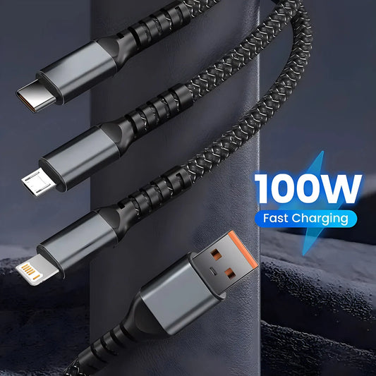Supercharge your devices with this 100W 3-in-1 Super Fast Charge Type C Cable from amzVChoice a multi-extension USB cable perfect for Android phones, laptops, electric vehicles, and more. Delivering lightning-fast charging in a durable, versatile design.