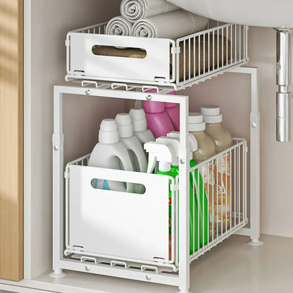 Transform clutter into culinary elegance with this premium Kitchen Sink Storage Rack. Double-layer pull-out basket design masterfully organizes spices, cans, bottles, and more.