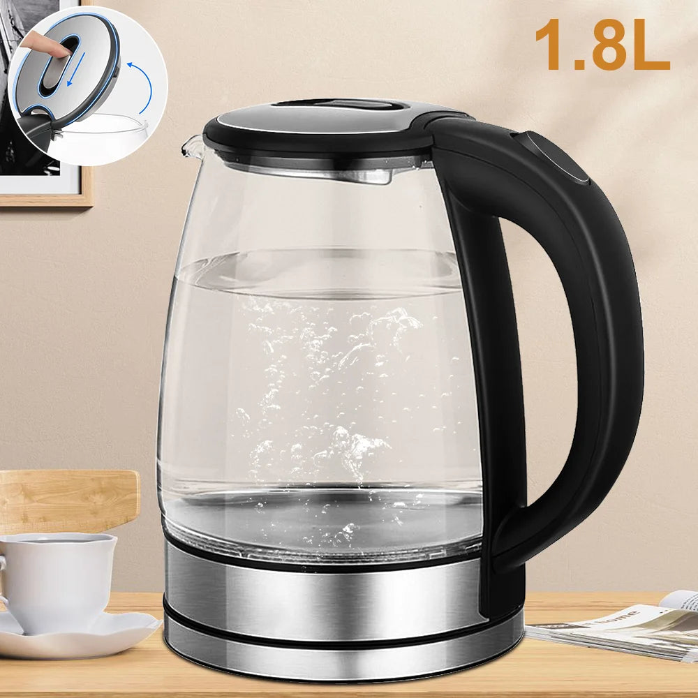 Brew perfection fast with this 220V 1.8L Electric Glass Kettle your home kitchen's 1500-1800W water boiler with dry boil protection. Borosilicate glass offers crystal-clear visibility and rapid boiling for tea, coffee, or instant meals.