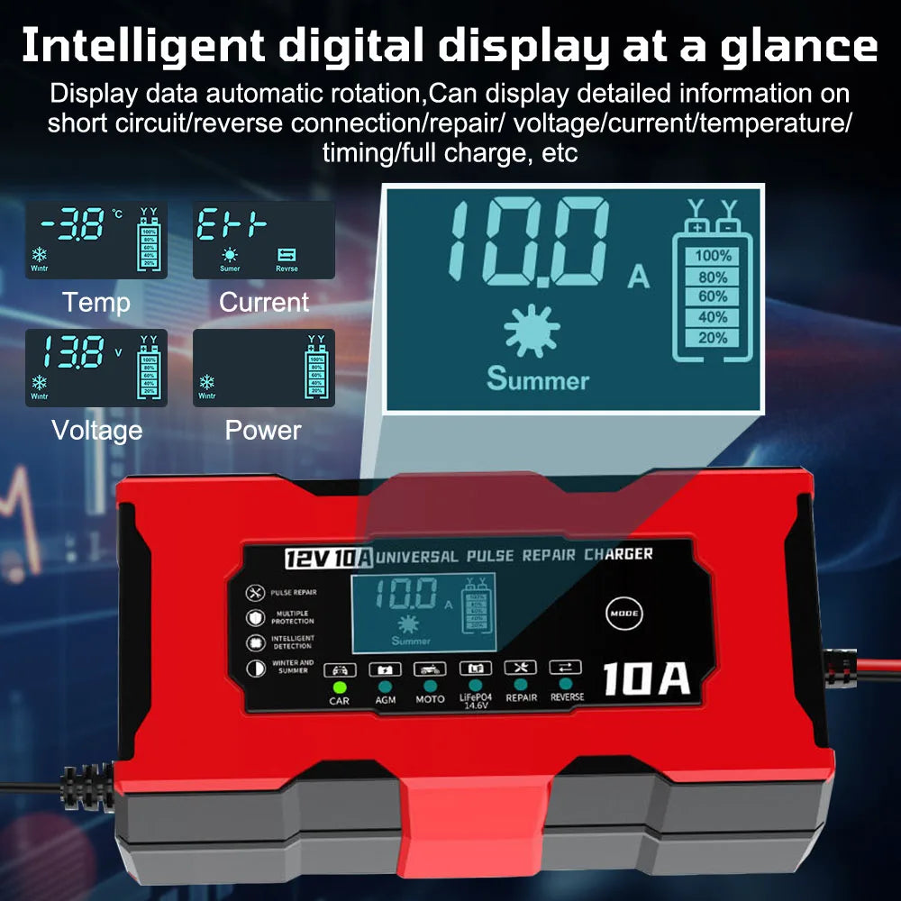 Revive Your Car Battery with 12V 10A Pulse Repair Charger!