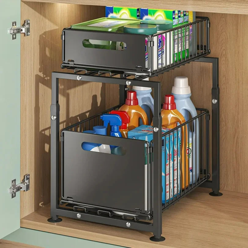Transform clutter into culinary elegance with this premium Kitchen Sink Storage Rack. Double-layer pull-out basket design masterfully organizes spices, cans, bottles, and more.
