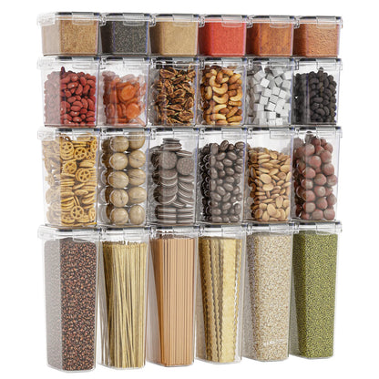 Refine your pantry with this opulent 8/16/24-Pc Kitchen Sealed Dry Food Storage Box Set. Airtight PP containers preserve sugar, flour, and baking essentials, complete with chic labeling stickers.