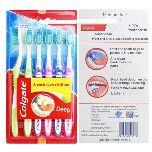 Stock up on superior oral hygiene with this 6-Pack Soft & Medium Bristle Toothbrush Set from Colgate ergonomic family handles perfect for home and travel. Designed for adults and the whole family, these brushes deliver gentle yet effective cleaning.