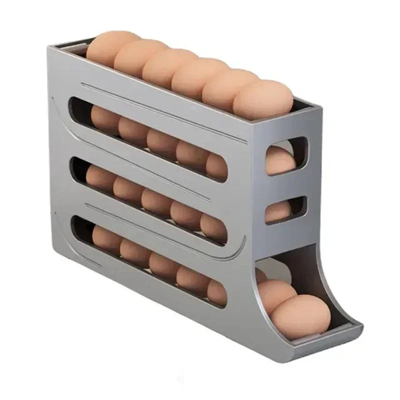 Revolutionize fridge elegance with this 4-Layer Automatic Rolling Egg Storage Box. Gravity-fed dispenser holds 30 eggs, dispensing freshest first for effortless kitchen opulence.