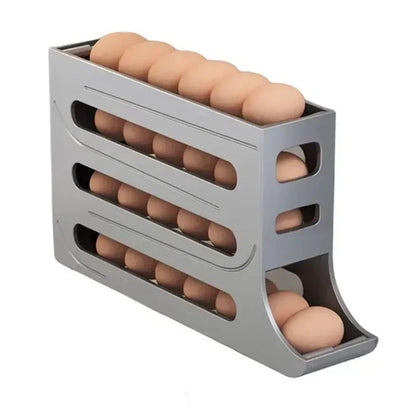 Revolutionize fridge elegance with this 4-Layer Automatic Rolling Egg Storage Box. Gravity-fed dispenser holds 30 eggs, dispensing freshest first for effortless kitchen opulence.