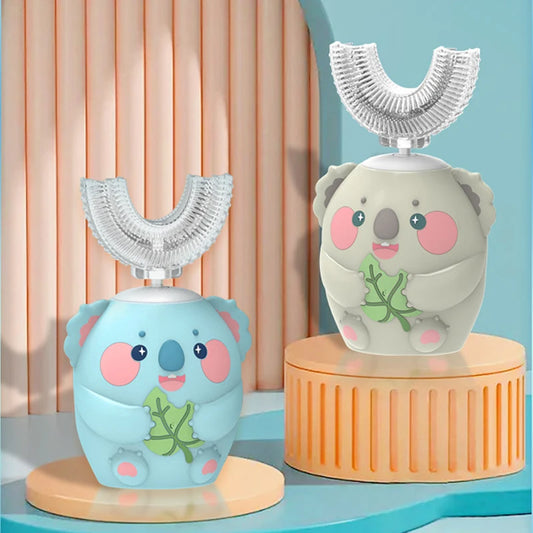 Children's U-shaped sonic toothbrush with blue light disinfection that makes brushing fun and fast for kids aged 2-15.