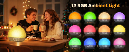 Awaken naturally with this Sunrise Wake Up Light Alarm Clock. Featuring 30 white noise sounds, RGB night lights, and snooze for serene sleep aid and refreshed mornings.