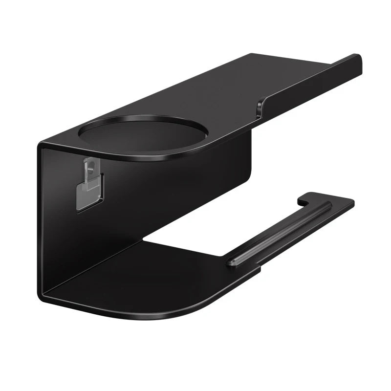 Elevate bathroom refinement with this No-Drill Toilet Paper Holder and Shelf. Wall-mounted organizer discreetly dispenses rolls while showcasing plants, toiletries, or accents.