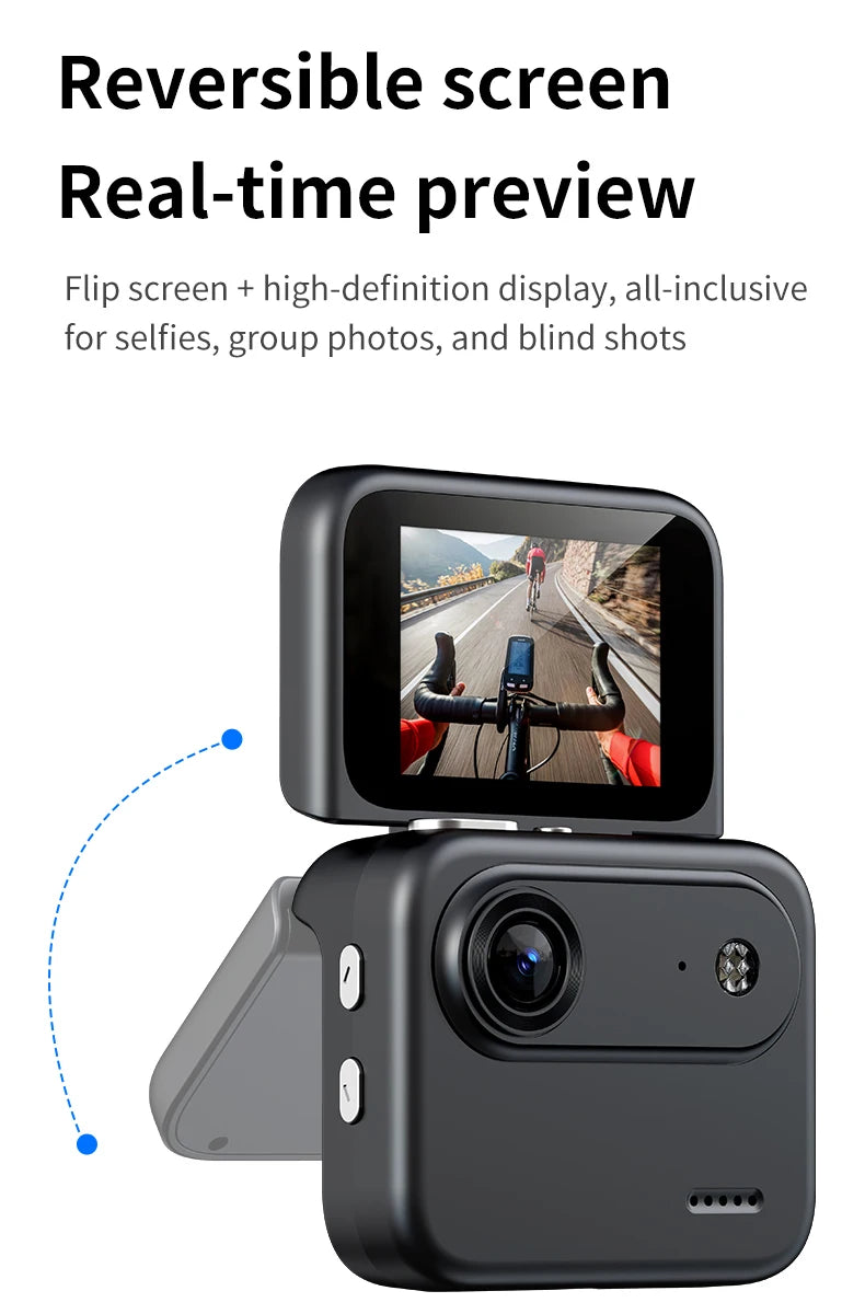 Capture epic adventures with the Mini Sports Camera 4K Ultra Vlog – flip clear screen, anti-shake tech, and 143° wide-angle lens for stunning student travel footage.
