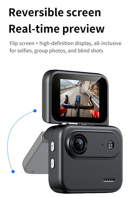 Capture epic adventures with the Mini Sports Camera 4K Ultra Vlog – flip clear screen, anti-shake tech, and 143° wide-angle lens for stunning student travel footage.