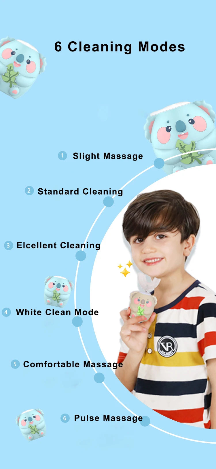 Children's U-shaped sonic toothbrush with blue light disinfection that makes brushing fun and fast for kids aged 2-15.