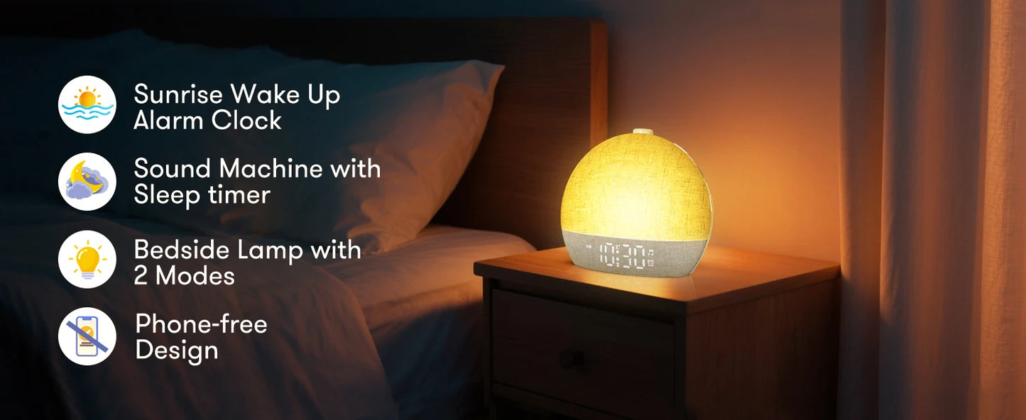 Awaken naturally with this Sunrise Wake Up Light Alarm Clock. Featuring 30 white noise sounds, RGB night lights, and snooze for serene sleep aid and refreshed mornings.