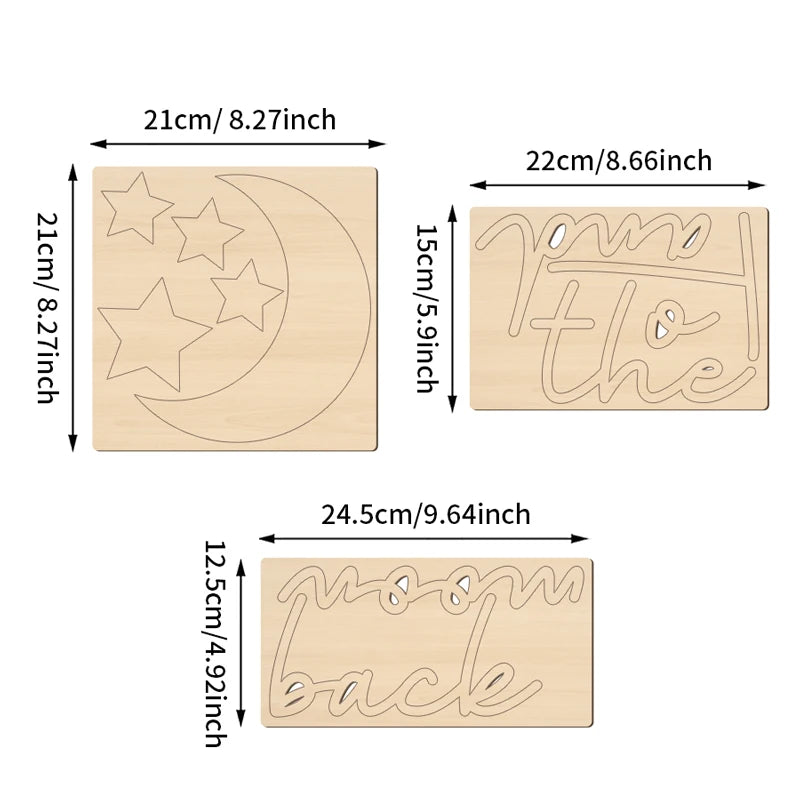 Envelop your spaces in celestial poetry with these Boho Style Wooden Wall Stickers. "To The Moon and Back" adorned with moon and stars infuses timeless bohemian elegance into bedrooms or living rooms.