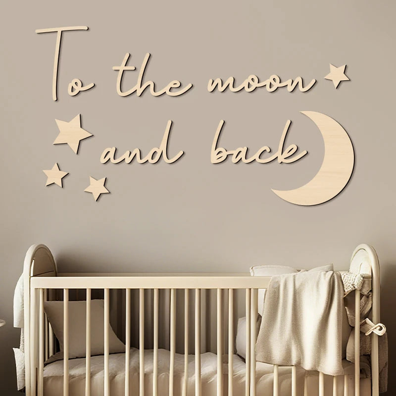 Envelop your spaces in celestial poetry with these Boho Style Wooden Wall Stickers. "To The Moon and Back" adorned with moon and stars infuses timeless bohemian elegance into bedrooms or living rooms.