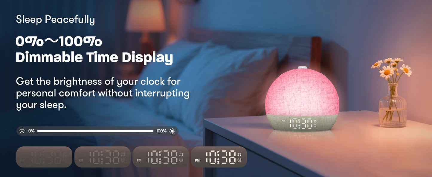 Awaken naturally with this Sunrise Wake Up Light Alarm Clock. Featuring 30 white noise sounds, RGB night lights, and snooze for serene sleep aid and refreshed mornings.