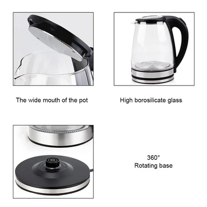 Brew perfection fast with this 220V 1.8L Electric Glass Kettle your home kitchen's 1500-1800W water boiler with dry boil protection. Borosilicate glass offers crystal-clear visibility and rapid boiling for tea, coffee, or instant meals.