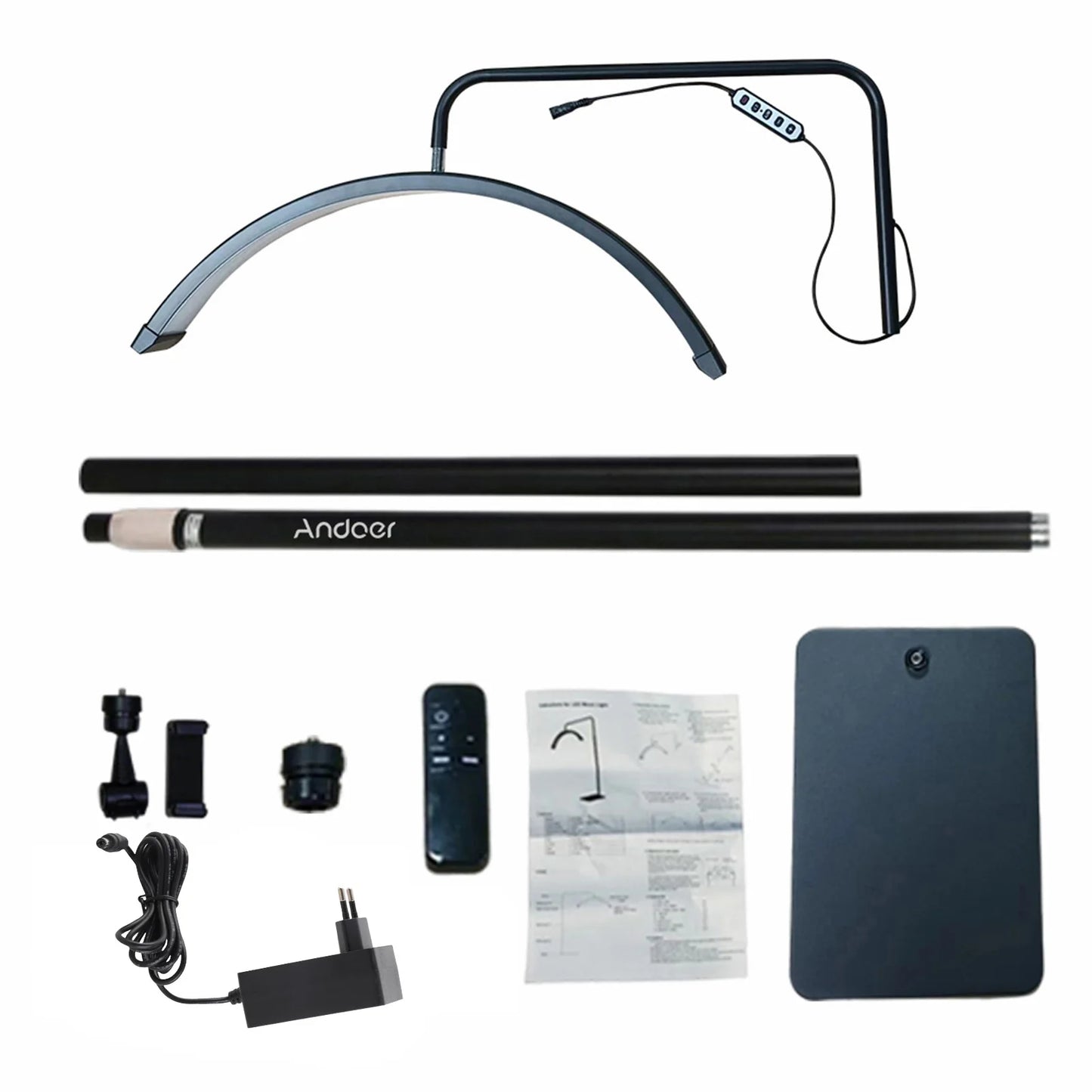 Achieve flawless lighting with the 20W Floor LED Video Light – half-moon shaped, bi-color 3000K-6000K dimmable fill light with adjustable metal holder for beauty and vlogs.