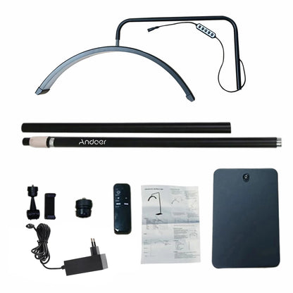 Achieve flawless lighting with the 20W Floor LED Video Light – half-moon shaped, bi-color 3000K-6000K dimmable fill light with adjustable metal holder for beauty and vlogs.