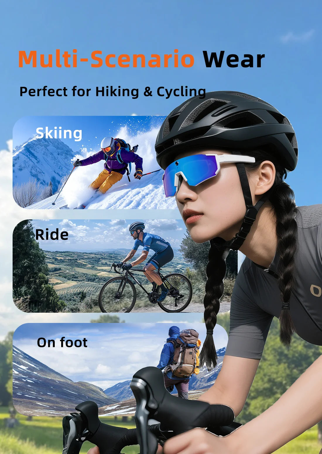 Gear up for the ultimate ride with New AI Intelligent Glasses – 800W cycling goggles featuring HD anti-shake camera, video recording, and UV protection.