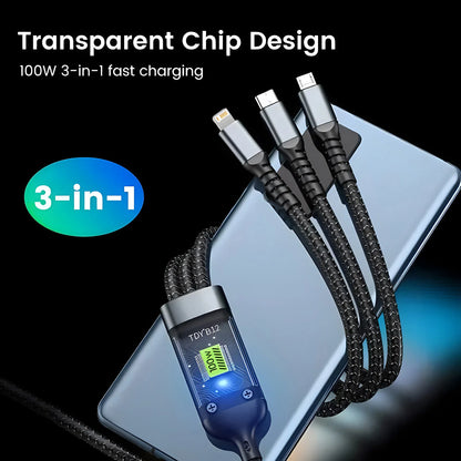 Supercharge your devices with this 100W 3-in-1 Super Fast Charge Type C Cable from amzVChoice a multi-extension USB cable perfect for Android phones, laptops, electric vehicles, and more. Delivering lightning-fast charging in a durable, versatile design.