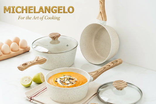 Elevate everyday cooking with the MICHELANGELO 3-Pc Granite Non-Stick Saucepan Set. Triple-layer stone-derived coating delivers flawless release on induction hobs, effortlessly mastering sauces and soups.