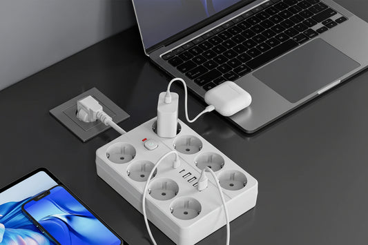 Safeguard your setup with the 1P+4-in-1 Surge Protection Power Strip & USB Ports – short-circuit protection, individual switches for home/office reliability.
