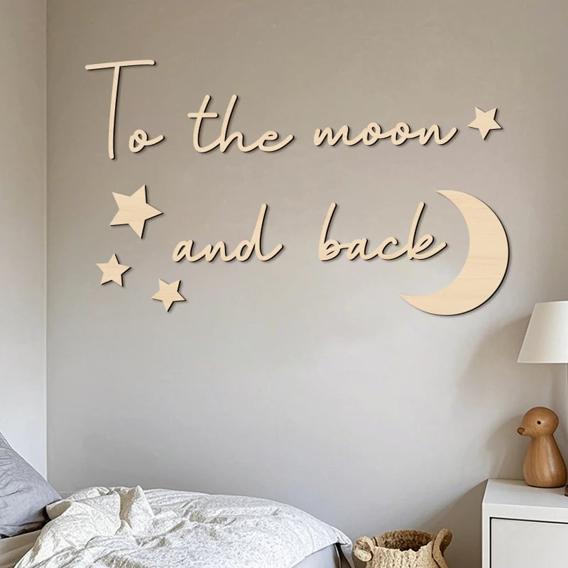 Envelop your spaces in celestial poetry with these Boho Style Wooden Wall Stickers. "To The Moon and Back" adorned with moon and stars infuses timeless bohemian elegance into bedrooms or living rooms.