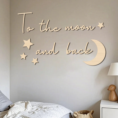 Envelop your spaces in celestial poetry with these Boho Style Wooden Wall Stickers. "To The Moon and Back" adorned with moon and stars infuses timeless bohemian elegance into bedrooms or living rooms.