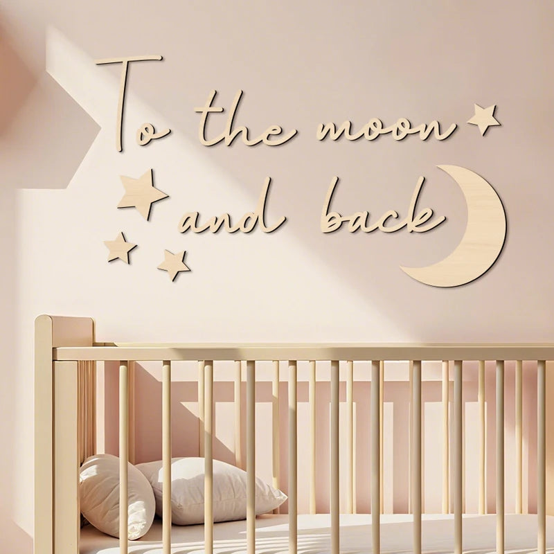 Envelop your spaces in celestial poetry with these Boho Style Wooden Wall Stickers. "To The Moon and Back" adorned with moon and stars infuses timeless bohemian elegance into bedrooms or living rooms.