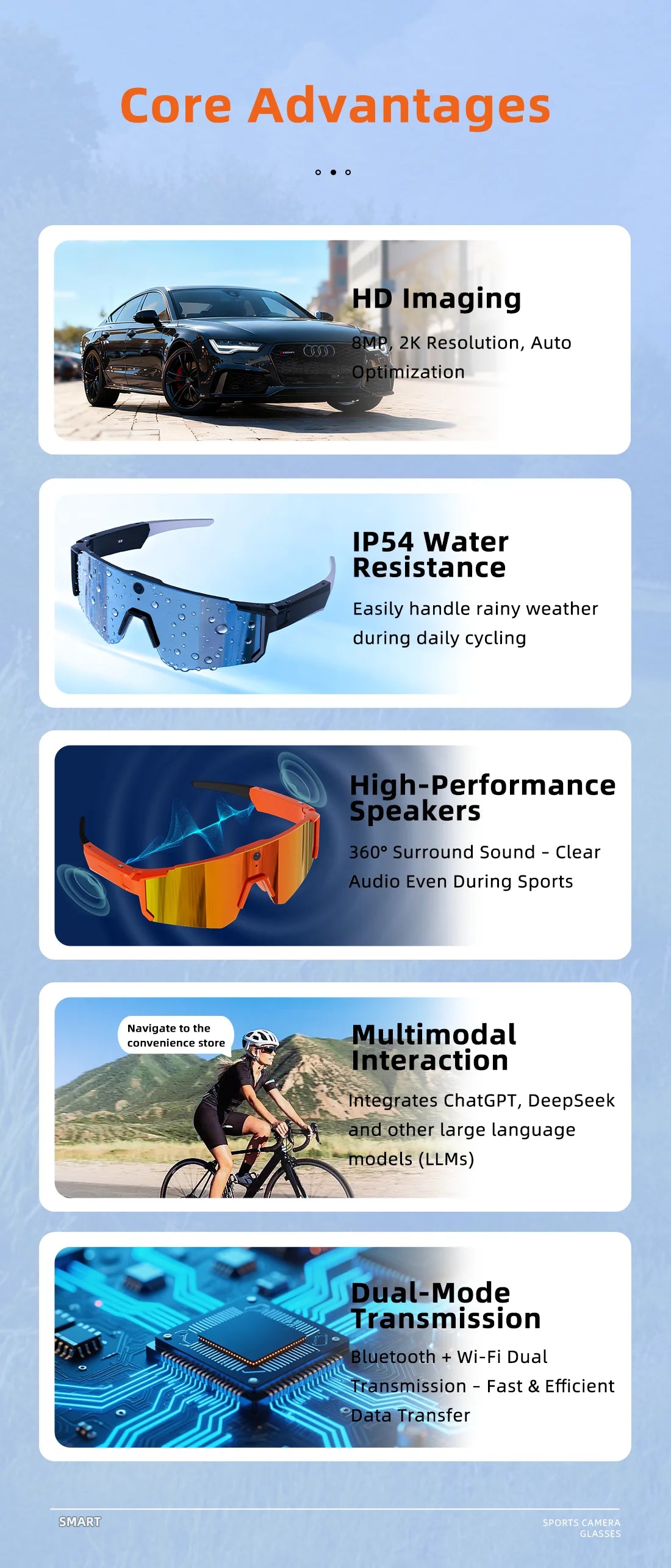 Gear up for the ultimate ride with New AI Intelligent Glasses – 800W cycling goggles featuring HD anti-shake camera, video recording, and UV protection.