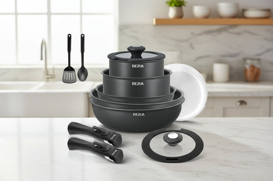 Revolutionize your kitchen with this exquisite 13-Piece Induction Cookware Set. Nonstick pots and pans feature removable handles, stackable design, and all-hob versatility for ultimate elegance.