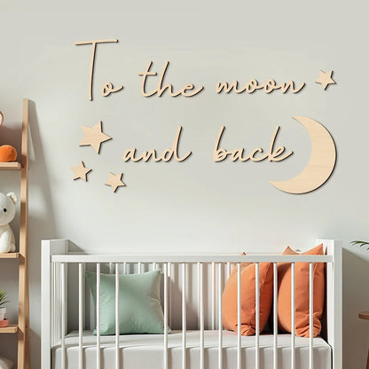Envelop your spaces in celestial poetry with these Boho Style Wooden Wall Stickers. "To The Moon and Back" adorned with moon and stars infuses timeless bohemian elegance into bedrooms or living rooms.
